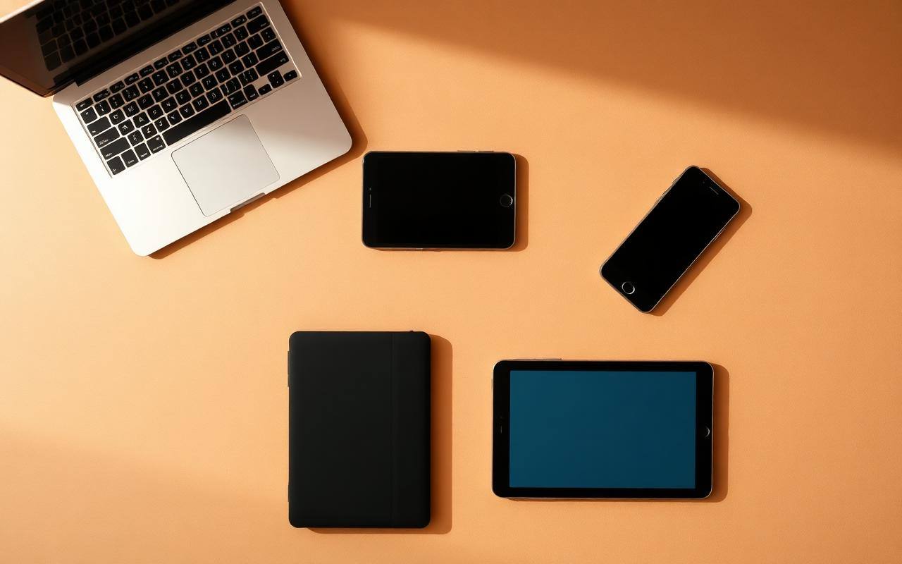 Laptop, tablet and phone from the SUNDIFU GROUP product ecosystem arranged together